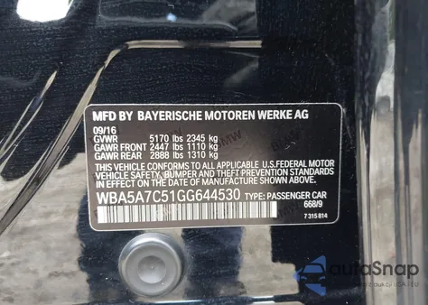 2016 BMW 528I xDrive из США, поврежденный, VIN WBA5A7C51GG644530